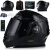 A collage of a black motorcycle helmet and its accessories, including a storage bag and spare visors. Náhled obrázku produktu