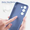 A hand is touching a blue phone case, with cotton balls in the background. Produktbild-Vorschau