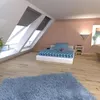 A bedroom with a bed, windows, and a rug. Produktbild-Vorschau