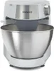 A white Kenwood stand mixer with a silver bowl and accents, shown from the front. Produktbild-Vorschau