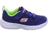 A side view of a blue Skechers sneaker with green and orange accents. Produktbild-Vorschau