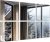 A collage of six images showing a modern interior with large windows overlooking a snowy forest. The images are arranged in a 2x3 grid. Produktbild-Vorschau