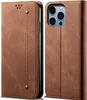 A brown leather flip-style phone case for an iPhone 15 Pro Max is shown, with the phone inserted into the case. Produktbild-Vorschau