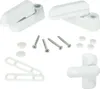 A collection of white window security locks and associated hardware, including screws and plastic clips, arranged on a white background. Produktbild-Vorschau