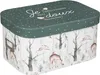 A rectangular storage box with a lid, decorated with a forest scene featuring deer, rabbits, and owls. The lid has a dark green background with white polka dots and text. Produktbild-Vorschau