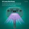 A close-up view of a teal-colored mite remover device emitting purple UV light, with descriptive text about its sterilizing capabilities. Náhled obrázku produktu