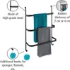 A three-tier towel rack with two towels hanging on it, with callouts describing its features. Náhled obrázku produktu