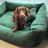 A brown dachshund puppy sits in a green corduroy dog bed. Náhled obrázku produktu