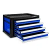 A black and blue metal tool chest with four drawers pulled out, shown against a white background. Produktbild-Vorschau