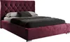 A burgundy upholstered bed with a tufted headboard and dark bedding is shown against a white background. Produktbild-Vorschau