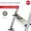 A close-up view of a silver aluminum stepladder with text overlays highlighting its features. Anteprima dell’immagine prodotto