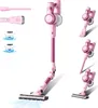 A collage of images showing a pink cordless vacuum cleaner from different angles and with various attachments, along with illustrations of filters. Produktbild-Vorschau