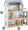 A multi-story wooden dollhouse with furniture and figures. Produktbild-Vorschau