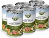 A group of six cans of dog food arranged in a staggered formation against a white background. Produktbild-Vorschau