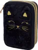 A black fluffy pencil case with a gold cat face design. Produktbild-Vorschau