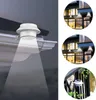 A solar-powered gutter light is shown mounted on a gutter, illuminating downwards. The image also includes three circular inset images showing the lights installed on buildings and a balcony. Produktbild-Vorschau
