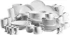 A collection of white porcelain dinnerware, including plates, bowls, cups, and egg cups, arranged on a white background. Produktbild-Vorschau