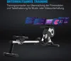 A rowing machine with multiple screens displaying charts and graphs above it, set against a dark background. Produktbild-Vorschau