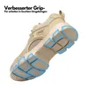 A close-up view of the sole of a beige safety shoe, highlighting its blue grip elements. Produktbild-Vorschau
