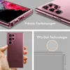 Collage of images showing a transparent phone case on a Samsung Galaxy S24 Ultra phone, with close-ups of the case's features and a hand holding the phone with the case. Anteprima dell’immagine prodotto