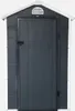 A front view of a dark gray plastic garden shed with a white roof and trim. Produktbild-Vorschau