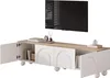 A white and wood-colored TV stand with open doors and shelves filled with books, placed against a white background. Voir les images du produit