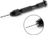 A black hand drill with a small drill bit is shown against a white background. A magnified inset shows the tip of the drill bit. Produktbild-Vorschau