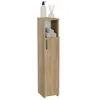 A tall, narrow bathroom cabinet with a wood finish, featuring an open shelf at the top displaying rolled towels, and a closed cabinet below with a handle. Decorative items are placed on top of the cabinet. Náhled obrázku produktu