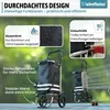 A marketing image showcasing a black shopping trolley with various features highlighted by text overlays and graphics. Produktbild-Vorschau