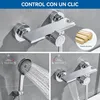 A collage of images showing a chrome shower faucet with a hand shower and a waterfall spout, demonstrating different functions. Produktbild-Vorschau