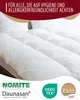 A close-up view of a white duvet or comforter, with pillows in the background. Text overlays and logos are present at the top and bottom. Produktbild-Vorschau