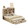 A kingsize platform bed with a bookshelf headboard and storage drawers, presented against a white background. Produktbild-Vorschau