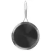 A top-down view of a round frying pan with a honeycomb pattern on its surface and a silver handle. Voir les images du produit