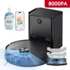 A collection of items related to a robot vacuum cleaner, including the vacuum itself, its charging station, a bottle of cleaning solution, and a smartphone displaying app interface. Produktbild-Vorschau