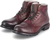 A pair of burgundy leather winter boots with laces and faux fur lining, presented on a white background. Produktbild-Vorschau