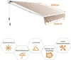A retractable awning is shown extended, with dimensions indicated. Below the awning, there are hexagonal icons with text describing features. Podgląd zdjęcia produktu