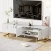 A white TV stand with gold accents is shown in a living room setting, with a large TV mounted above it. Produktbild-Vorschau