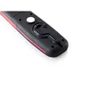 A close-up view of the back of a black work light with red trim, showing a black hook and a white button. Náhled obrázku produktu