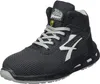 A black high-top safety shoe with gray laces and a white logo. Produktbild-Vorschau