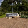 An outdoor seating area with a pallet sofa and coffee table on a wooden deck, surrounded by greenery. Produktbild-Vorschau
