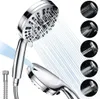 A chrome-finished handheld shower head with a hose, demonstrating different spray patterns. Produktbild-Vorschau