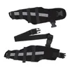 Two views of a black dog leg brace with reflective stripes and adjustable straps. Podgląd zdjęcia produktu