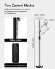 A diagram showing the features and dimensions of a floor lamp, with close-ups of its control methods. Podgląd zdjęcia produktu
