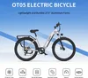 A white electric bicycle is shown against a blue and white gradient background, with feature icons and text at the bottom. Produktbild-Vorschau