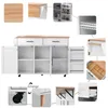 A collage of images showcasing a white kitchen cart with a wooden top, its features, and assembly details. Náhled obrázku produktu