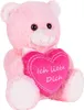 A pink teddy bear holding a pink heart with text on it. Produktbild-Vorschau