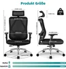A collage of two images of an ergonomic office chair, with dimensions and weight capacity highlighted. Produktbild-Vorschau