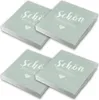 Four stacks of square napkins with a green background and white text. Produktbild-Vorschau