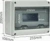 A white electrical distribution box with a transparent gray cover, showing internal dimensions. Produktbild-Vorschau