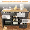 A kitchen island cart with various storage compartments and features highlighted by text overlays. Produktbild-Vorschau